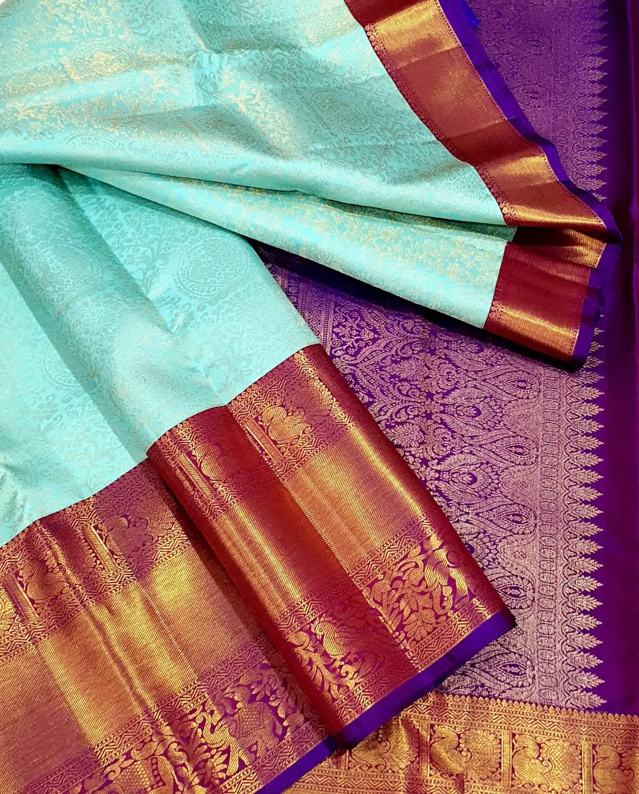 Kanchipuram Aqua Blue Purple Brocade Bridal Silk Saree